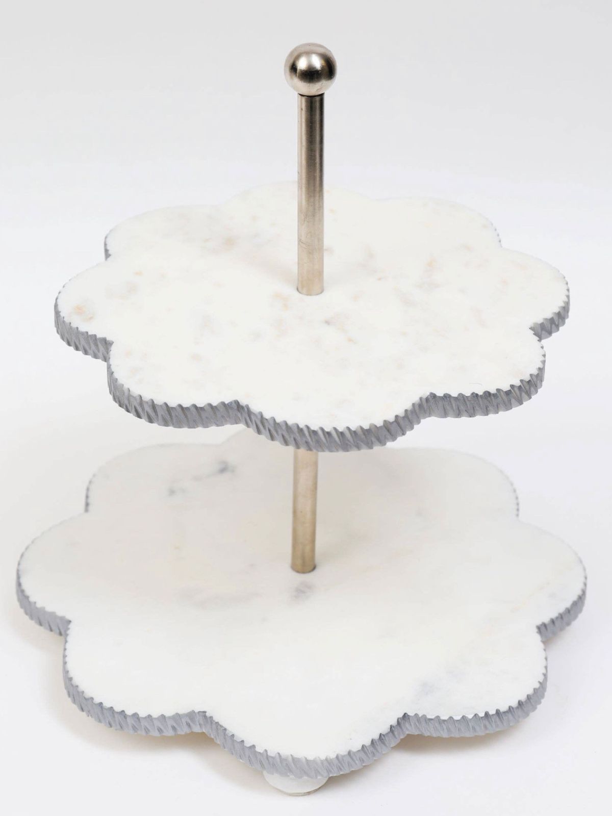 2 Tiered 12D White and Silver Marble Cake Stand with Flower Shaped Design- KYA Home Decor