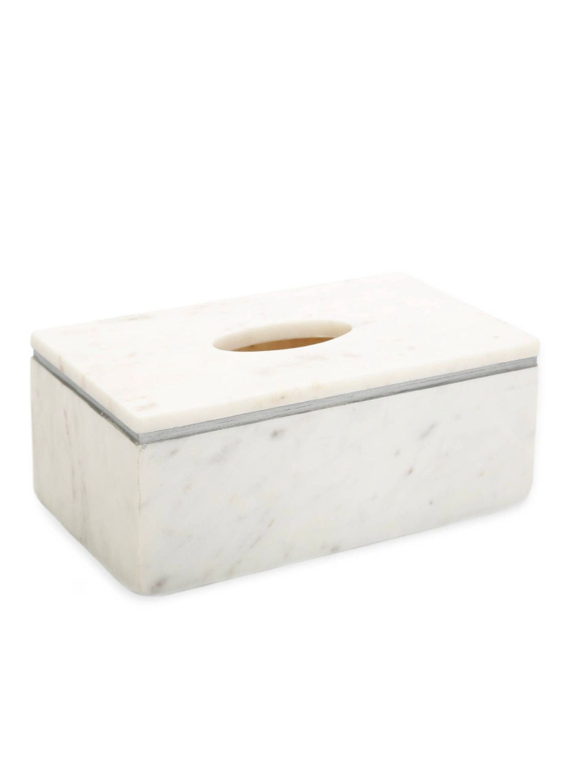 White Marble Tissue Holder With Silver Metallic Rim Design.