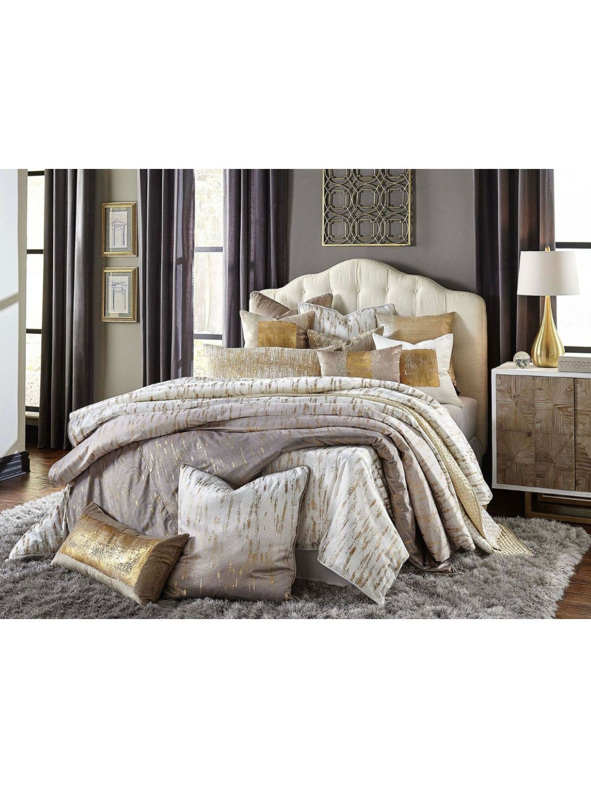 Close up of White Velvet Duvet Cover with Gold Metallic Print in King and Queen Sizes.
