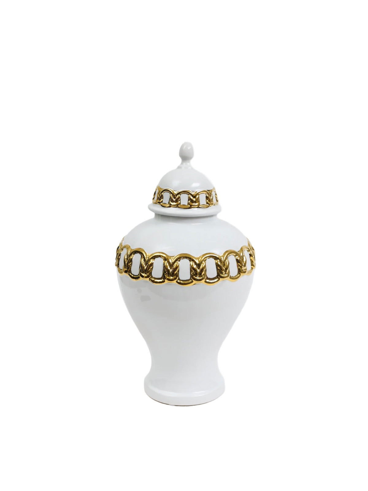 18H White Ceramic Ginger Jar with Gold Chain Details and removable lid. Sold by KYA Home Decor.