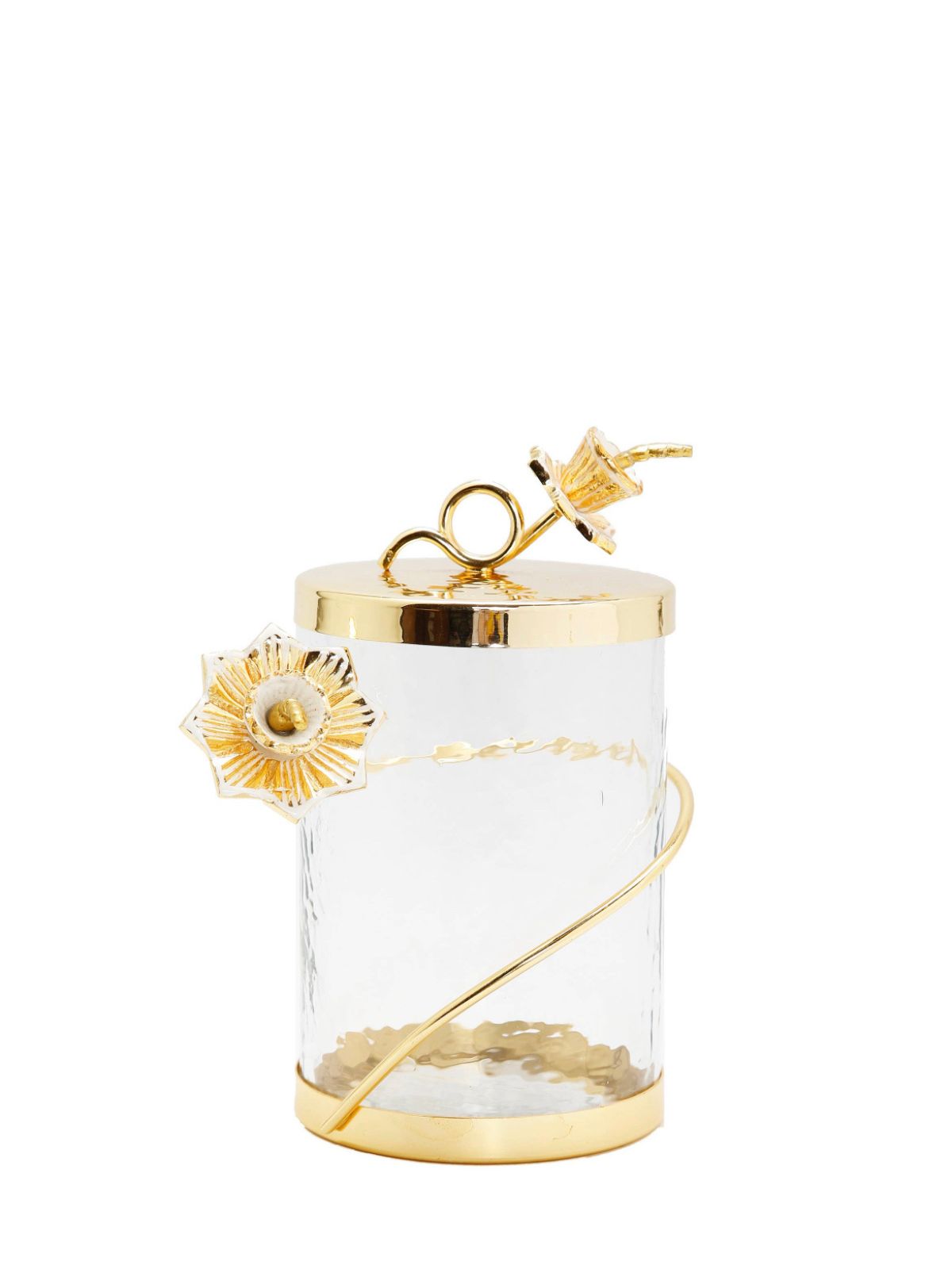 The Rose of Sharon Glass Canister with Gold Lid and Enamel Flower Design on Knob has an elegant and decorous design.