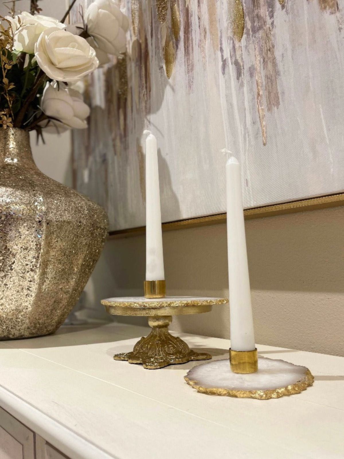 4 inch Agate Stone Taper Candle Holder with Gold Brass Cup and Brass Edges, Sold by KYA Home Decor.