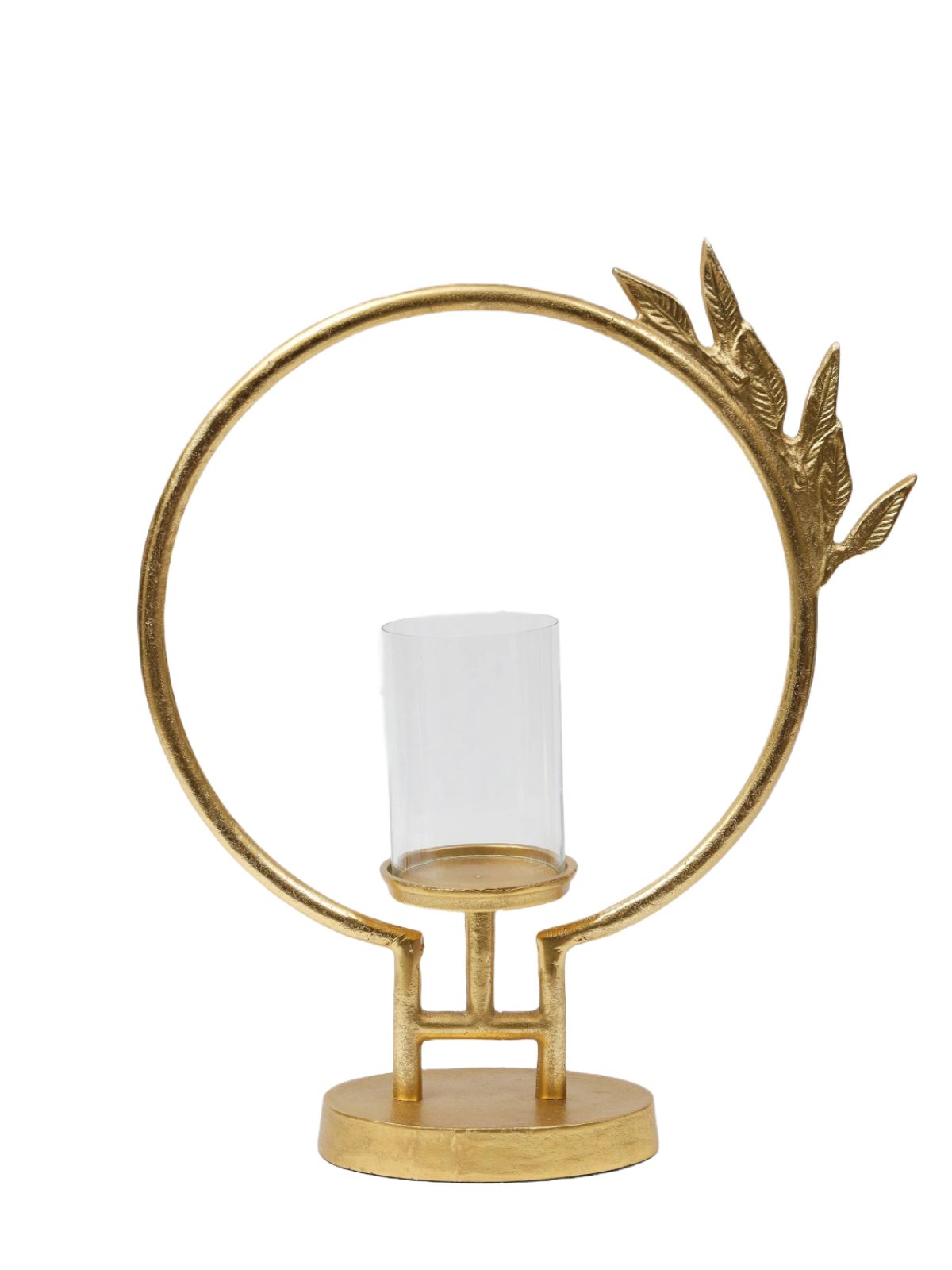 21.5 inch Gold Brass and Glass Circled Hurricane Candle Holder with Gold Leaf Design on Top.