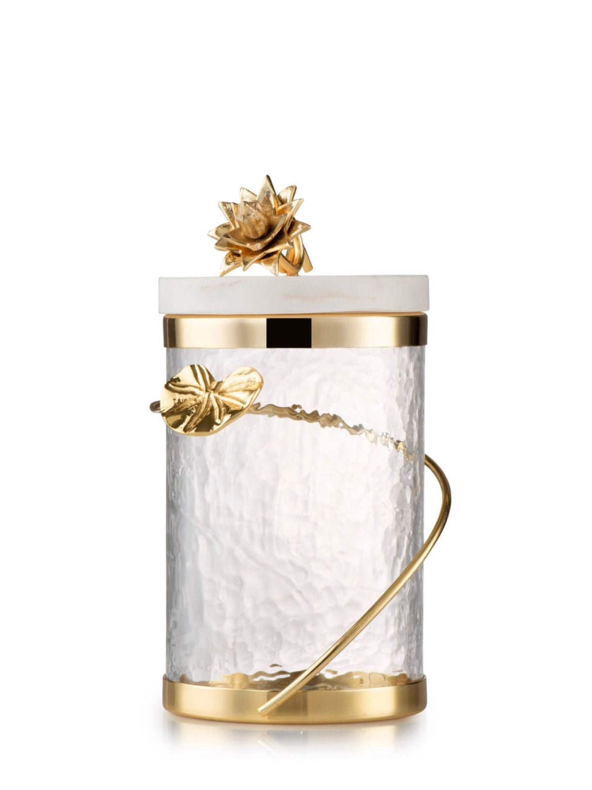 8H Luxury Glass Canister With Gold Heart and Flower Knob Design on Marble Lid - KYA Home Decor.