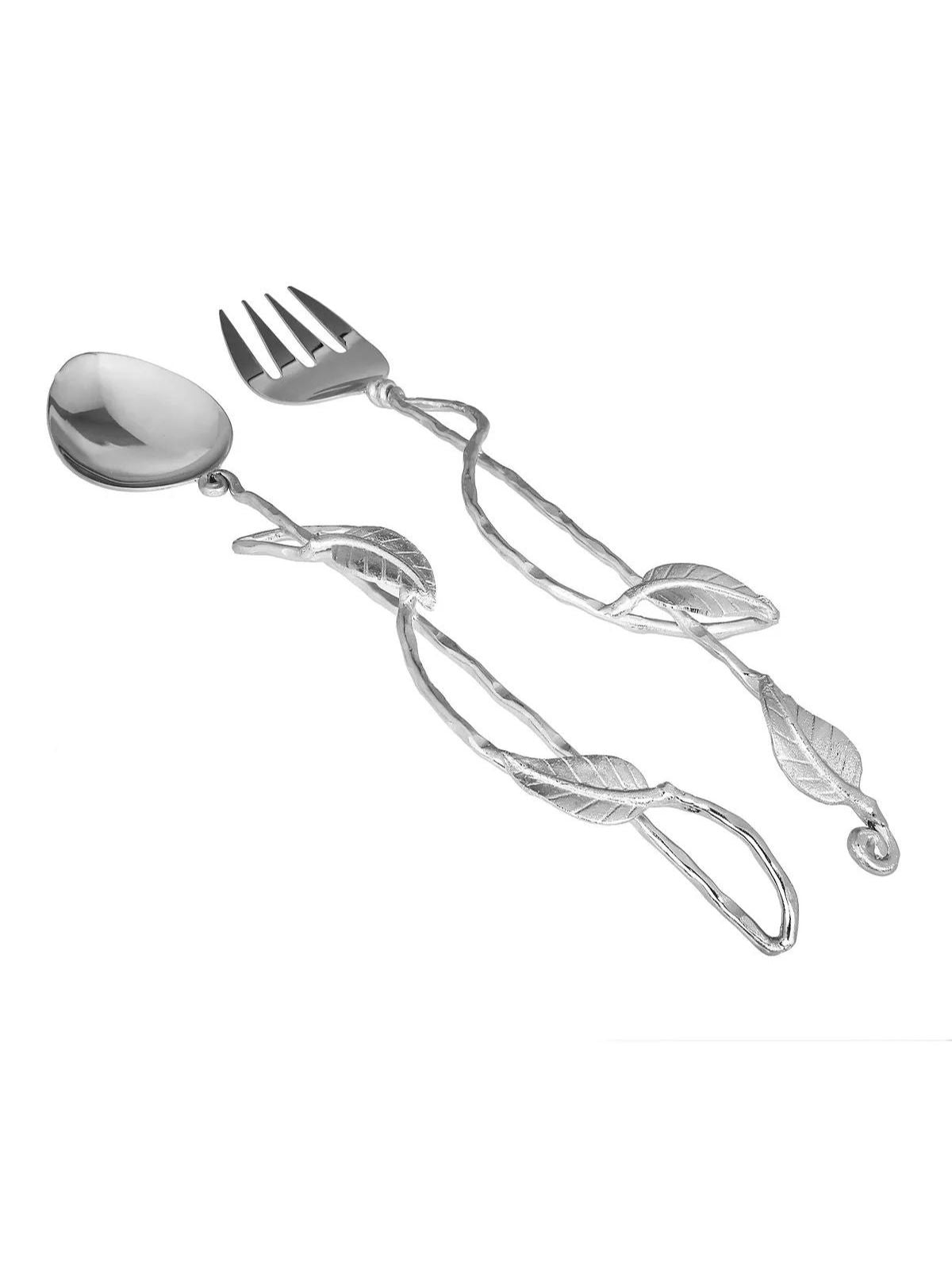 Stainless Steel Salad Server Set with Silver Leaf Design.
