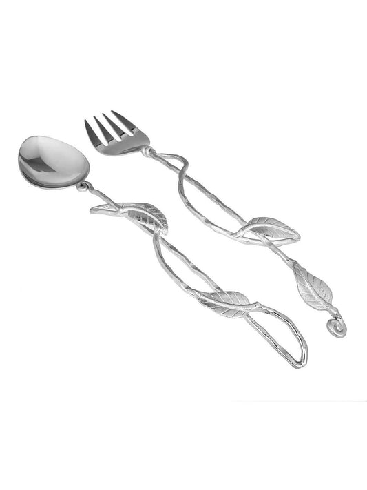 Stainless Steel Salad Server Set with Silver Leaf Design.