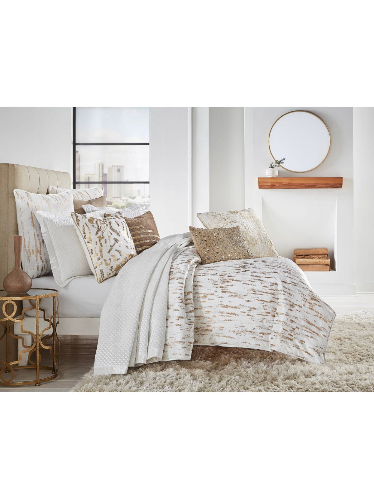 White Velvet Duvet Cover with Gold Metallic Print. Luxury Bedding in King and Queen Sizes.