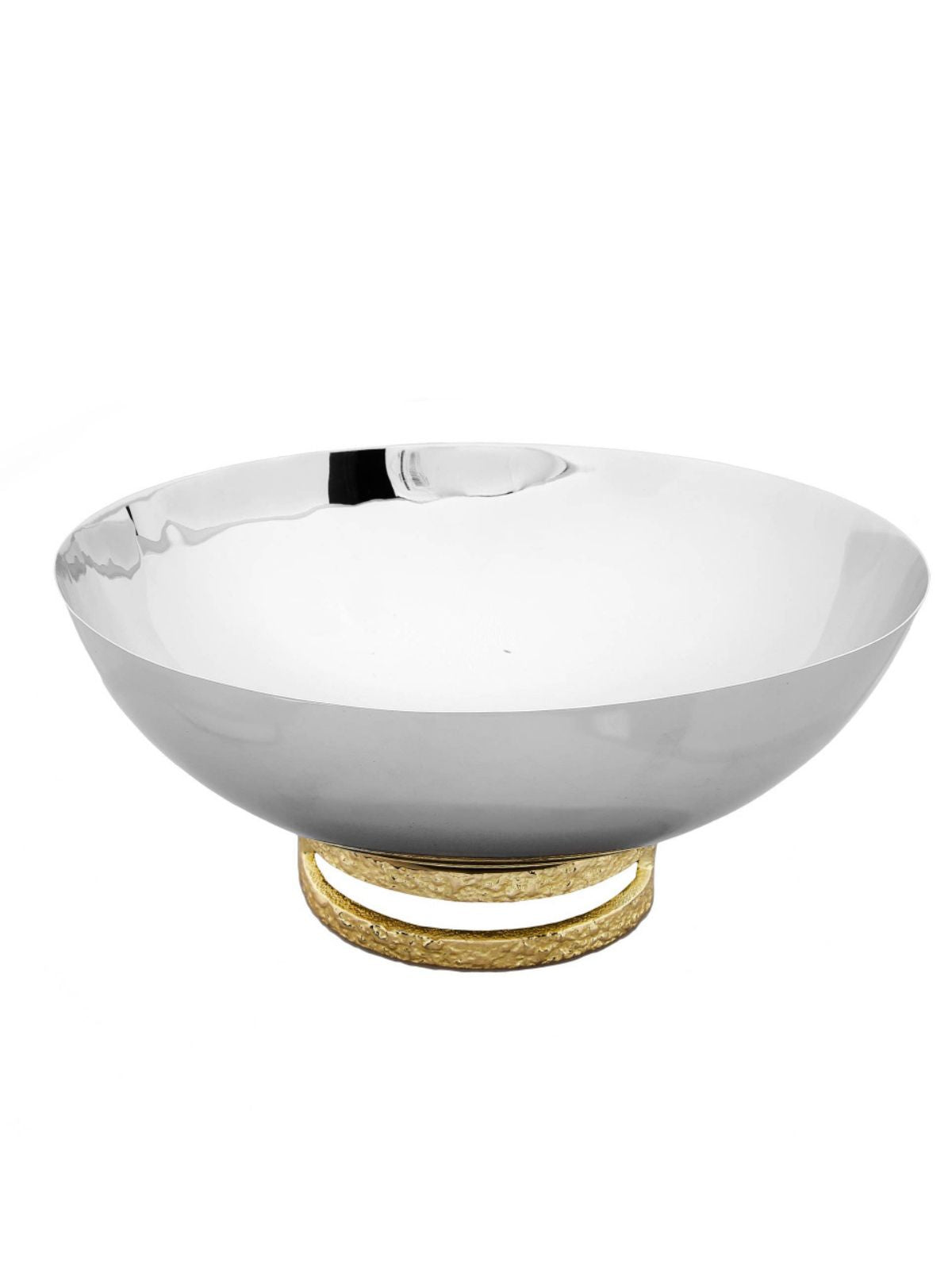 Stainless Steel Bowl with Gold Loop Base, available in two sizes (6L x 6W x 3.5H - Small, 11.5L x 11.5W x 4H - Large).