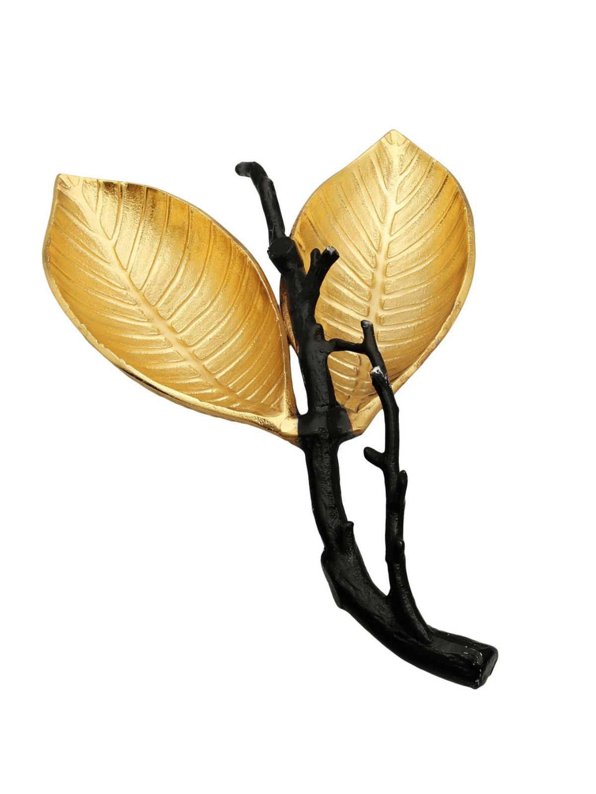 This 21 inch Gold 2 Leaf Shaped Dish with Black Branch was artfully designed with quality stainless steel to create an elegant and sophisticated serving dish. Available at KYA Home Decor