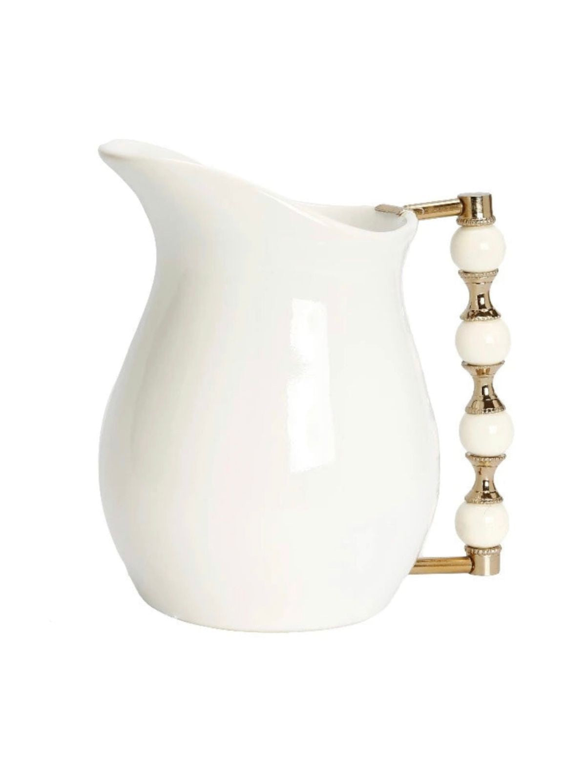 White Ceramic Pitcher with White and Gold Beaded Handle