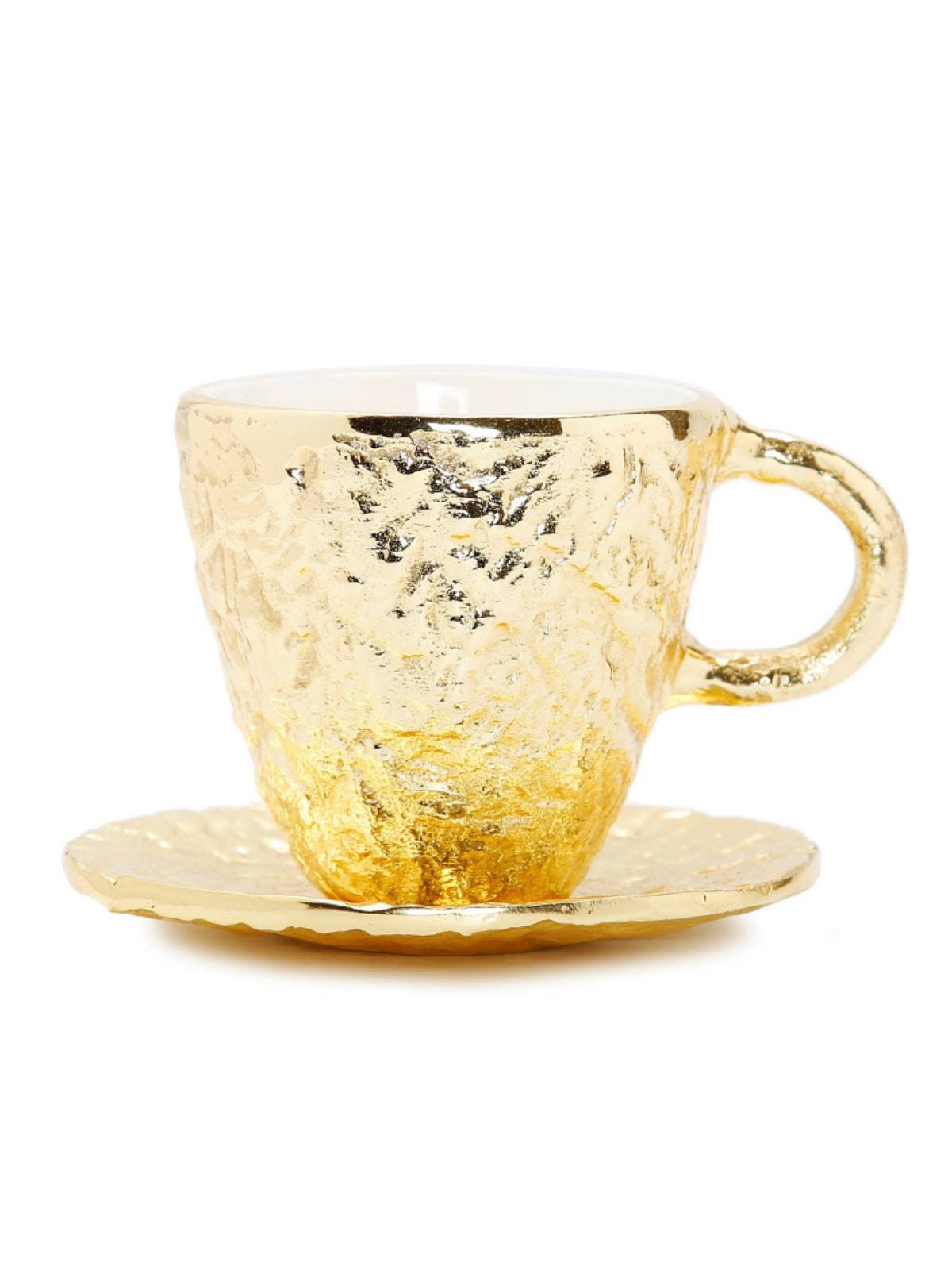 The Amazing Tazza D’ Oro Coffee Mug with Saucer Has a Beautiful Gold Textured Metal Outer and White Enamel Inside Available At KYA Home Decor