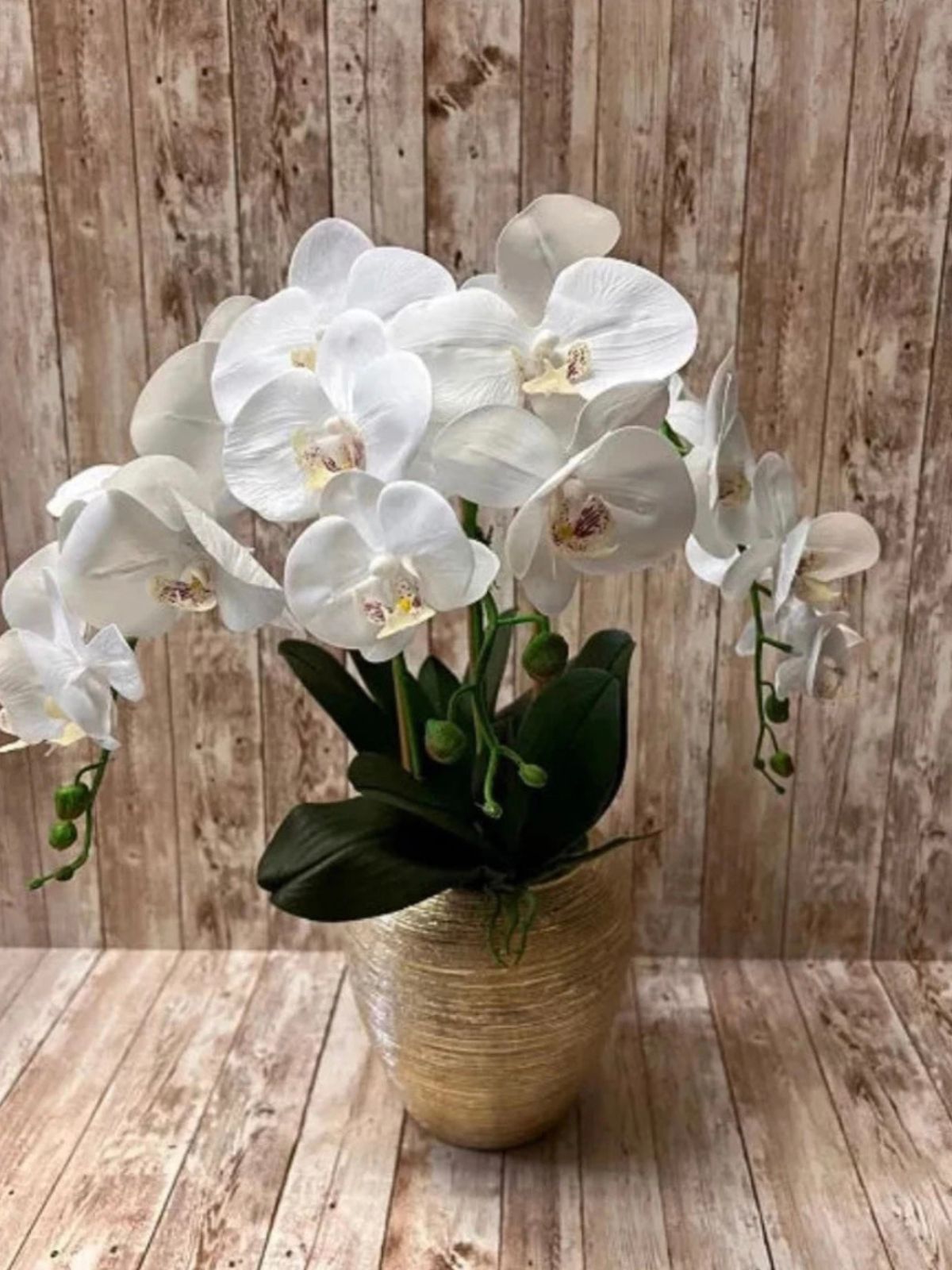 White Silk Orchid Floral Arrangement in Tall Gold Porcelain Vase - Luxury Vases