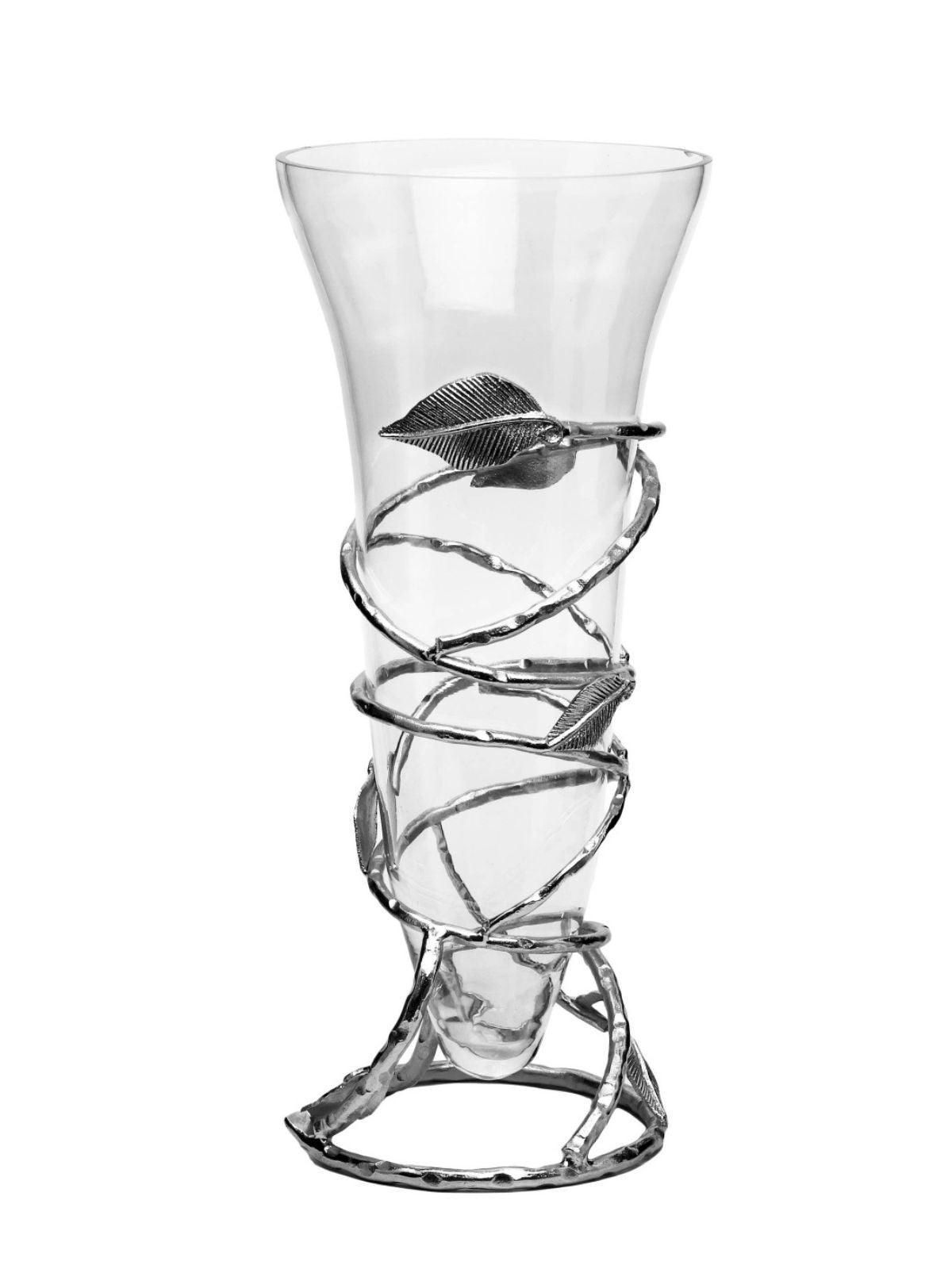 15H Stainless Steel Silver Spiral Leaf Vase with Luxurious Glass Insert - KYA Home Decor.