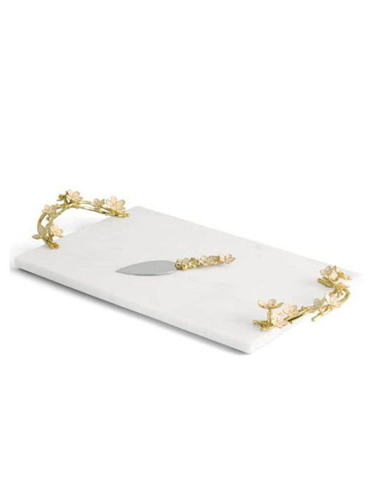 Luxurious White Marble Tray With Handmade Gold Flower Handles, 8W x 16L.