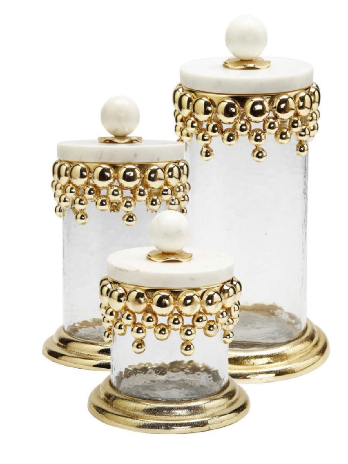 Luxury Kitchen Glass Canister With Gold Tear Drops Design and Marble Lid, 3 Sizes - KYA Home Decor.