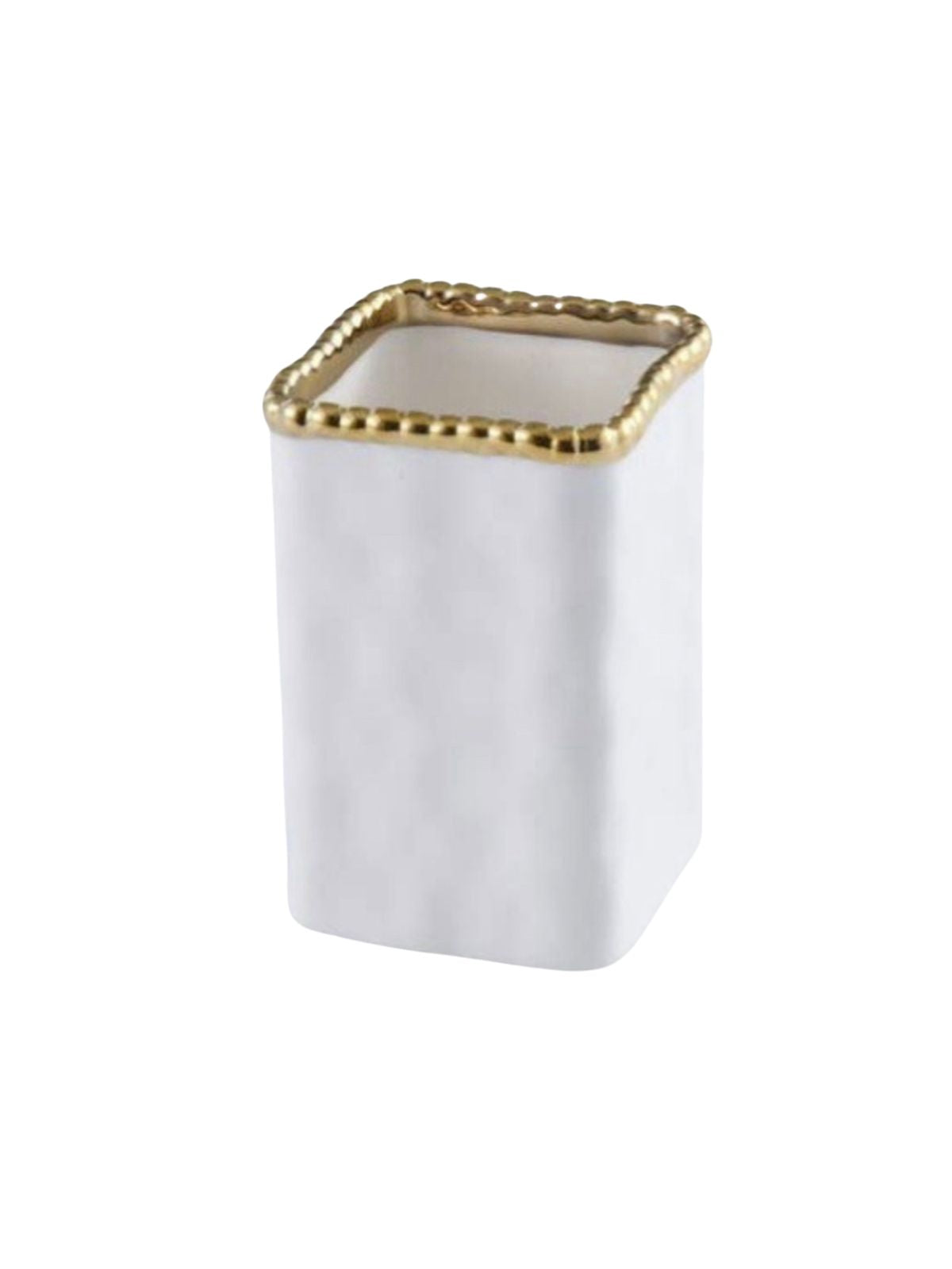 White Porcelain Toothbrush Holder with Gold Beaded Edges.