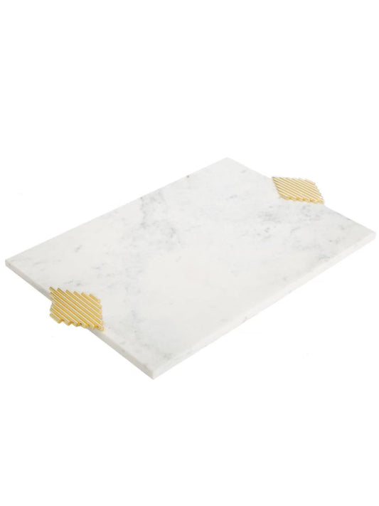 White Marble Decorative Tray with Gold Diamond Designed Handles, 16L x 11W.