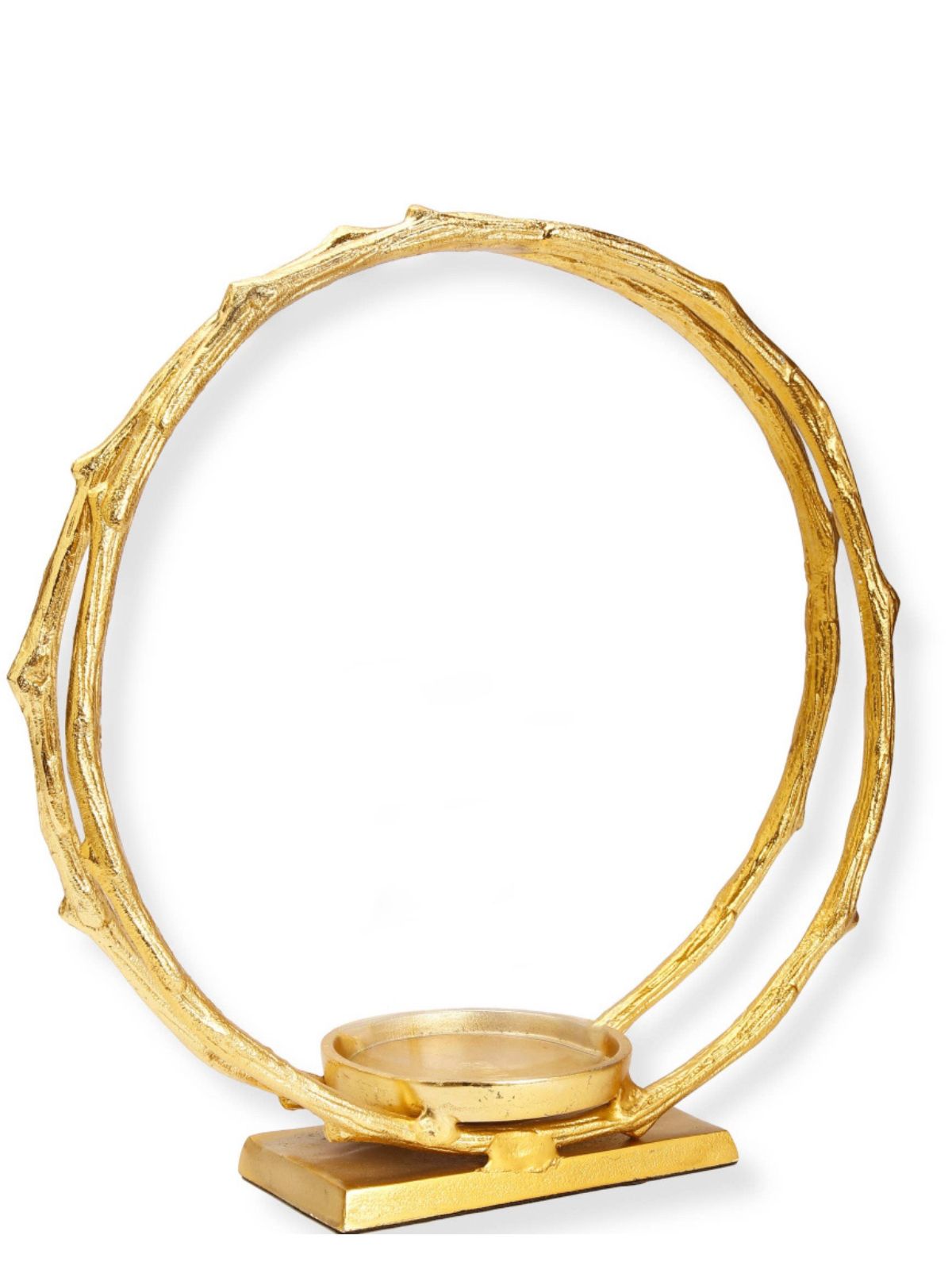 13.5 inch Gold Circle Stainless Steel Hurricane Candle Holder with Double Hoop Design, Sold by KYA Home Decor.