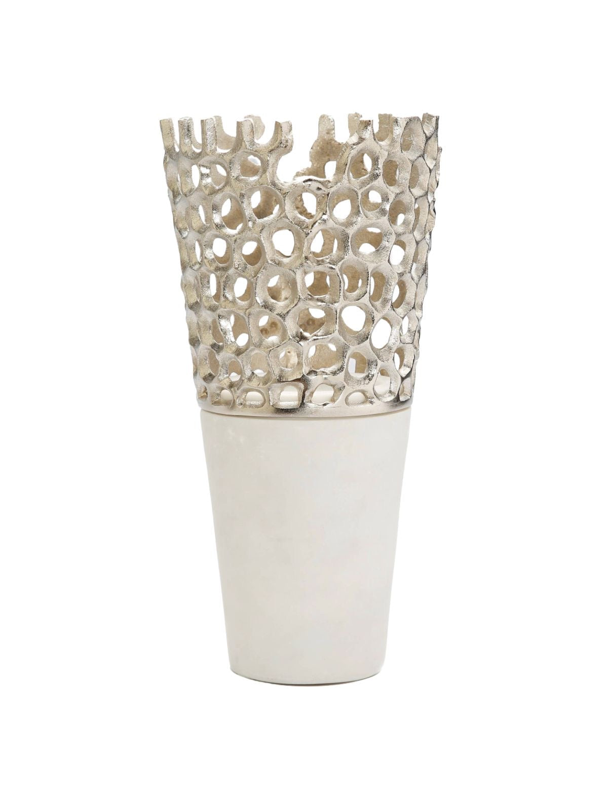 Luxury White Marble Decorative Vase With Silver Cut Out Design 12H - KYA Home Decor.