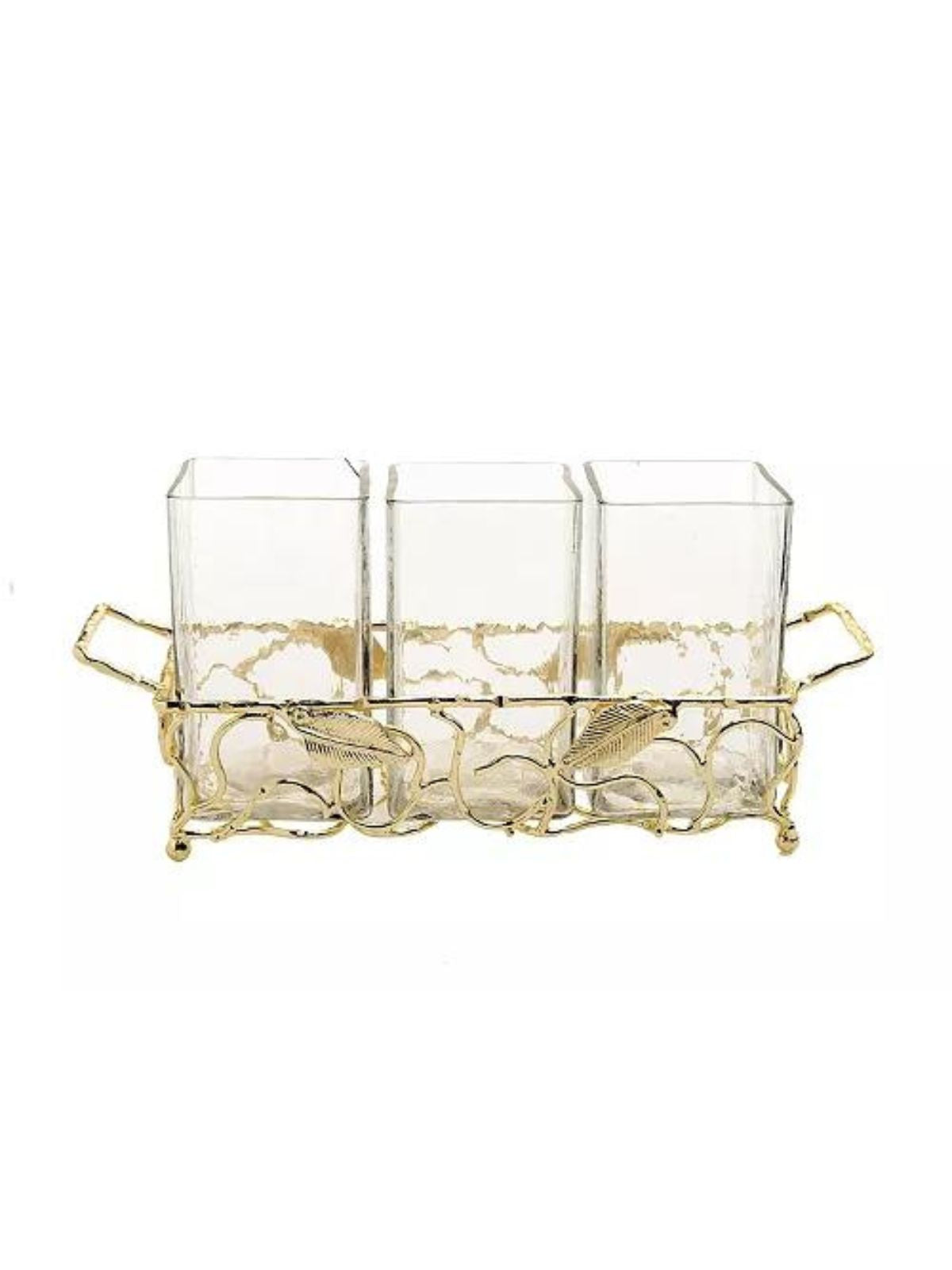 Glass Utensil Holder with Stainless Gold Leaf Design.