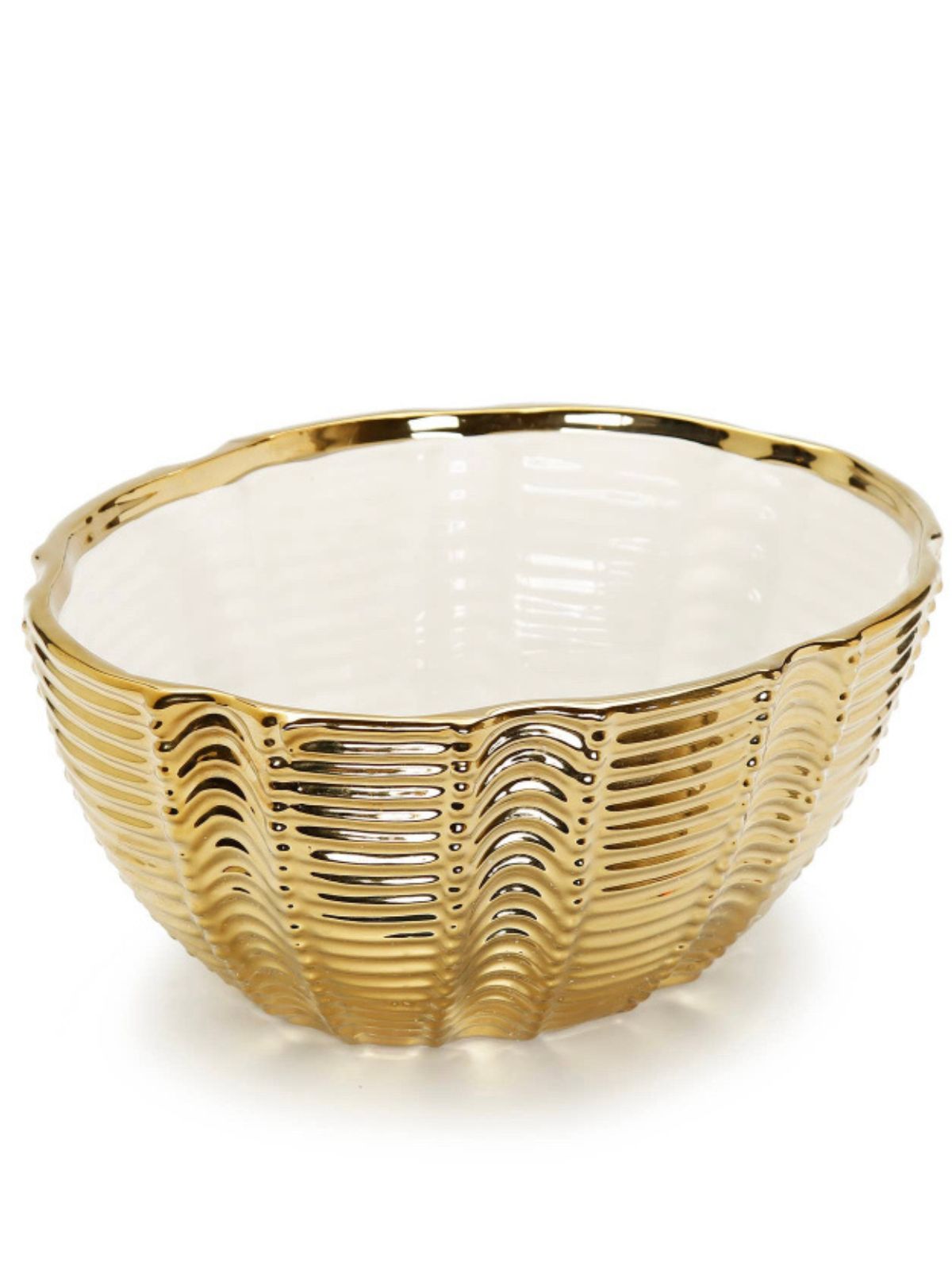 This textured gold bowl comes with a white interior to add in your favorite fillers. This would make a perfect centerpiece for your dining table or coffee table.