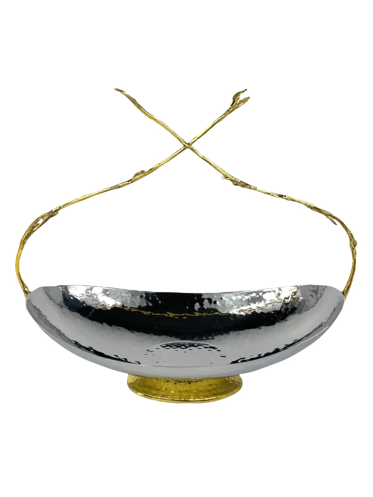 The 7W x 13L X 11.75H Stainless Steel Basket with Gold Twig Handle Sold by KYA Home Decor