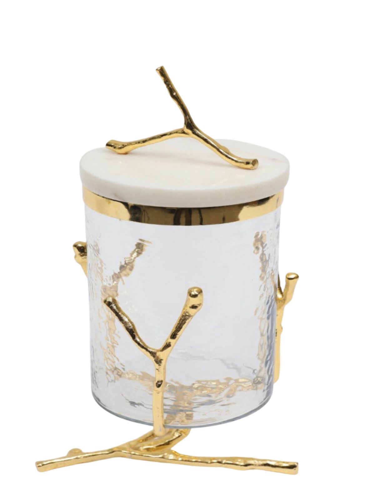 11H Luxury Glass Canister With Gold Twig Base and Marble Lid with Gold Twig Knob - KYA Home Decor.