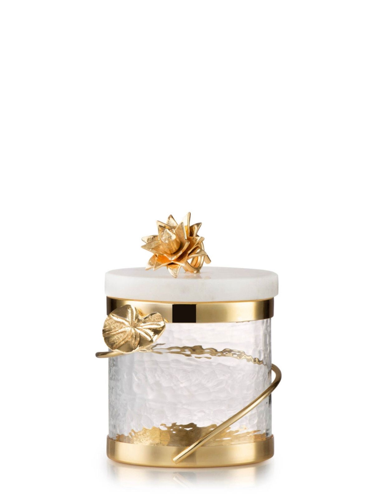 6H Luxury Glass Canister With Gold Heart and Flower Knob Design on Marble Lid - KYA Home Decor.