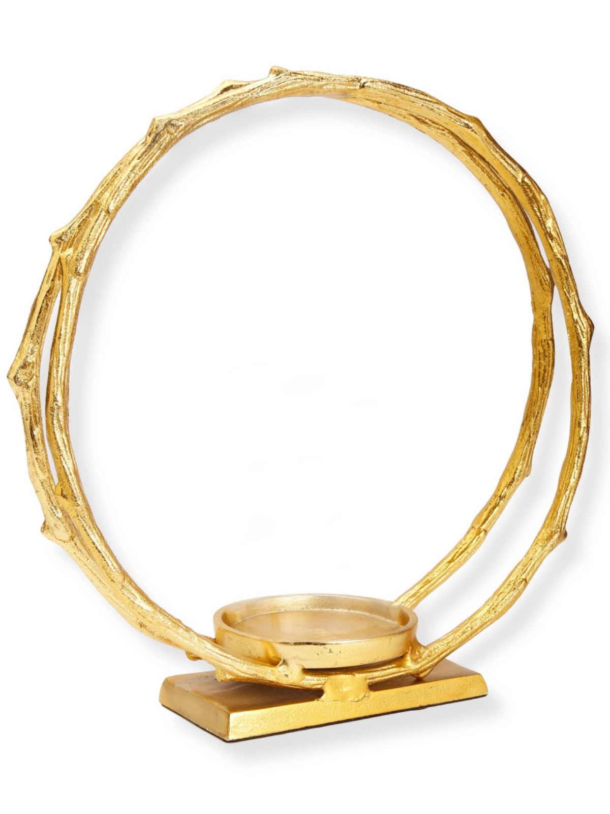 7.5 inch Round Circle Stainless Steel Hurricane Candle Holder with Double Hoop Design in Gold Color.