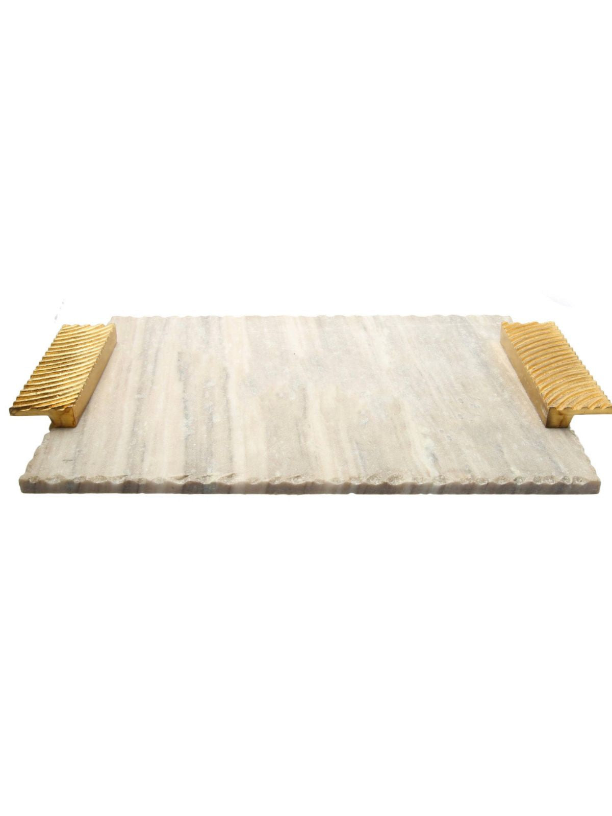 Rectangular Gray Marble Tray with Luxurious Gold Bradd Handles, Measuring 16L x 11W.