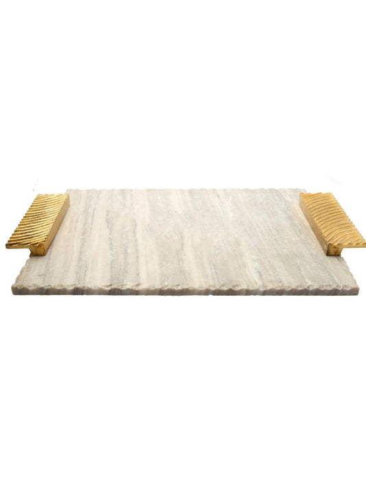 Rectangular Gray Marble Tray with Luxurious Gold Bradd Handles, Measuring 16L x 11W.