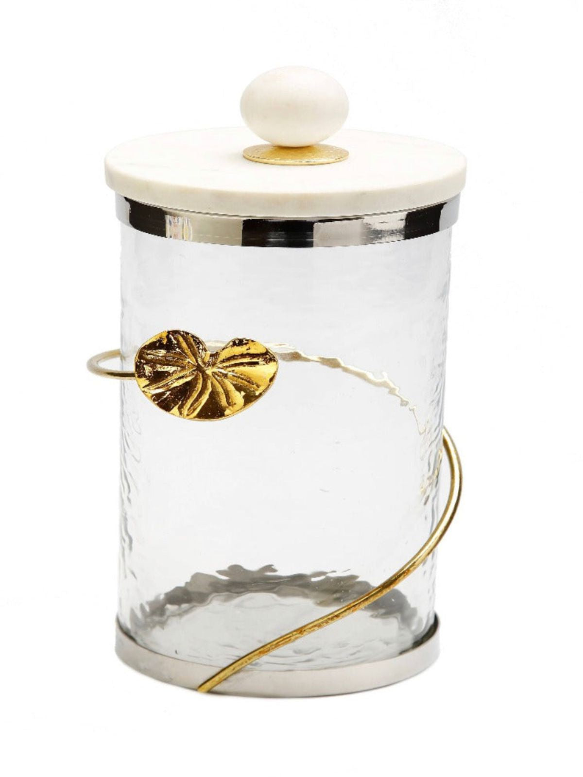 These Glass Canister with Gold Metal Heart Design and Marble Lid are available in 3 sizes and Sold by KYA Home Decor