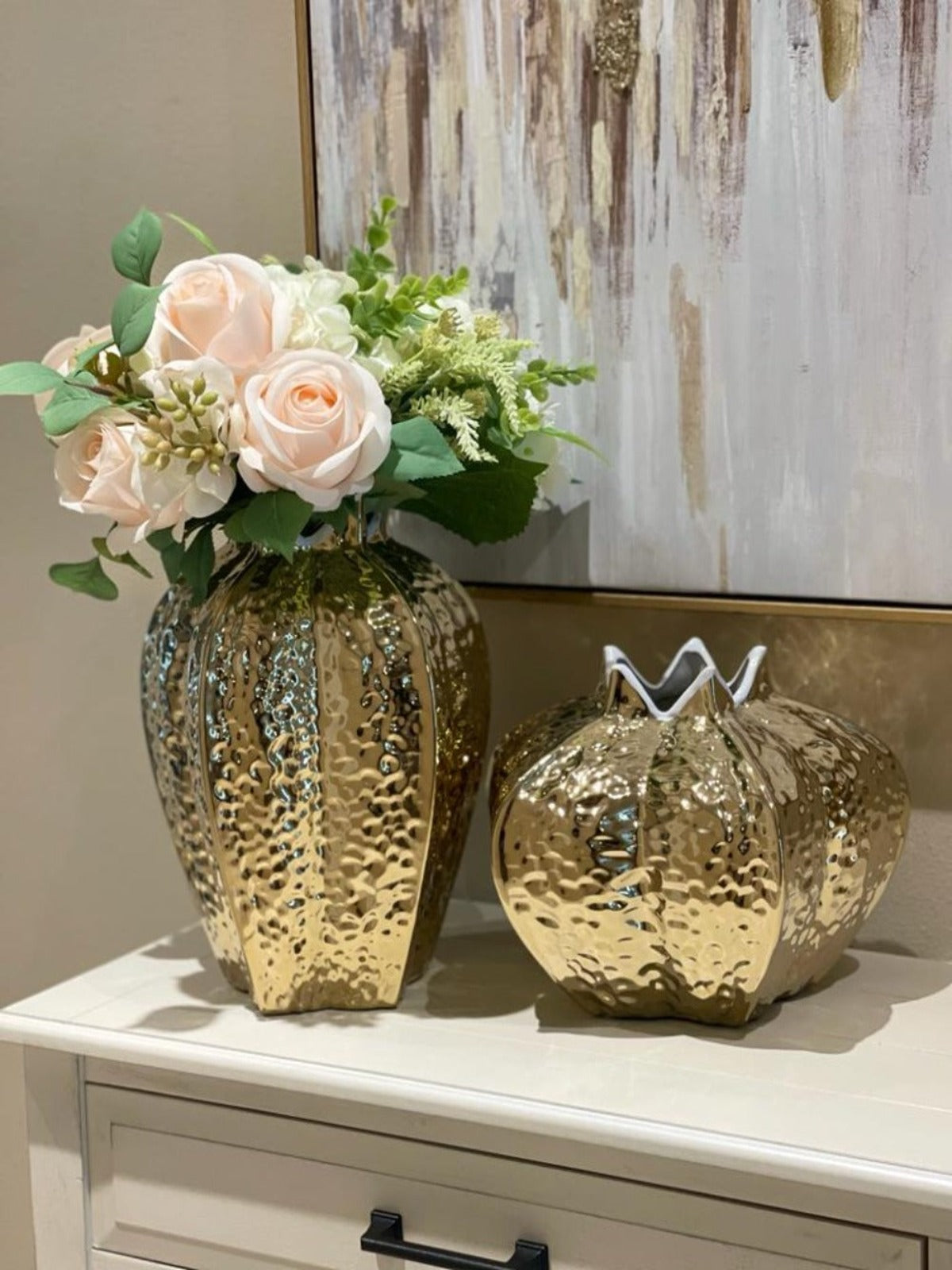 12H Gold Pomegranate Ceramic Vase With White Rim, Available in 2 Sizes.