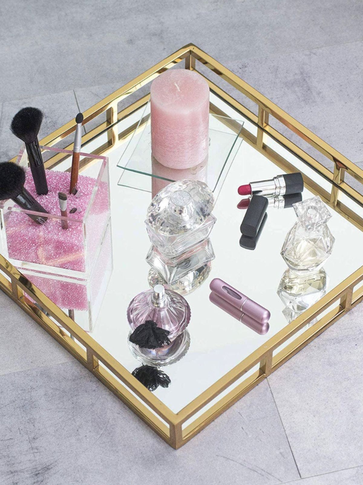 Large Gold Squared Decorative Stainless Steel Tray with Mirror Base sold by KYA Home Decor.