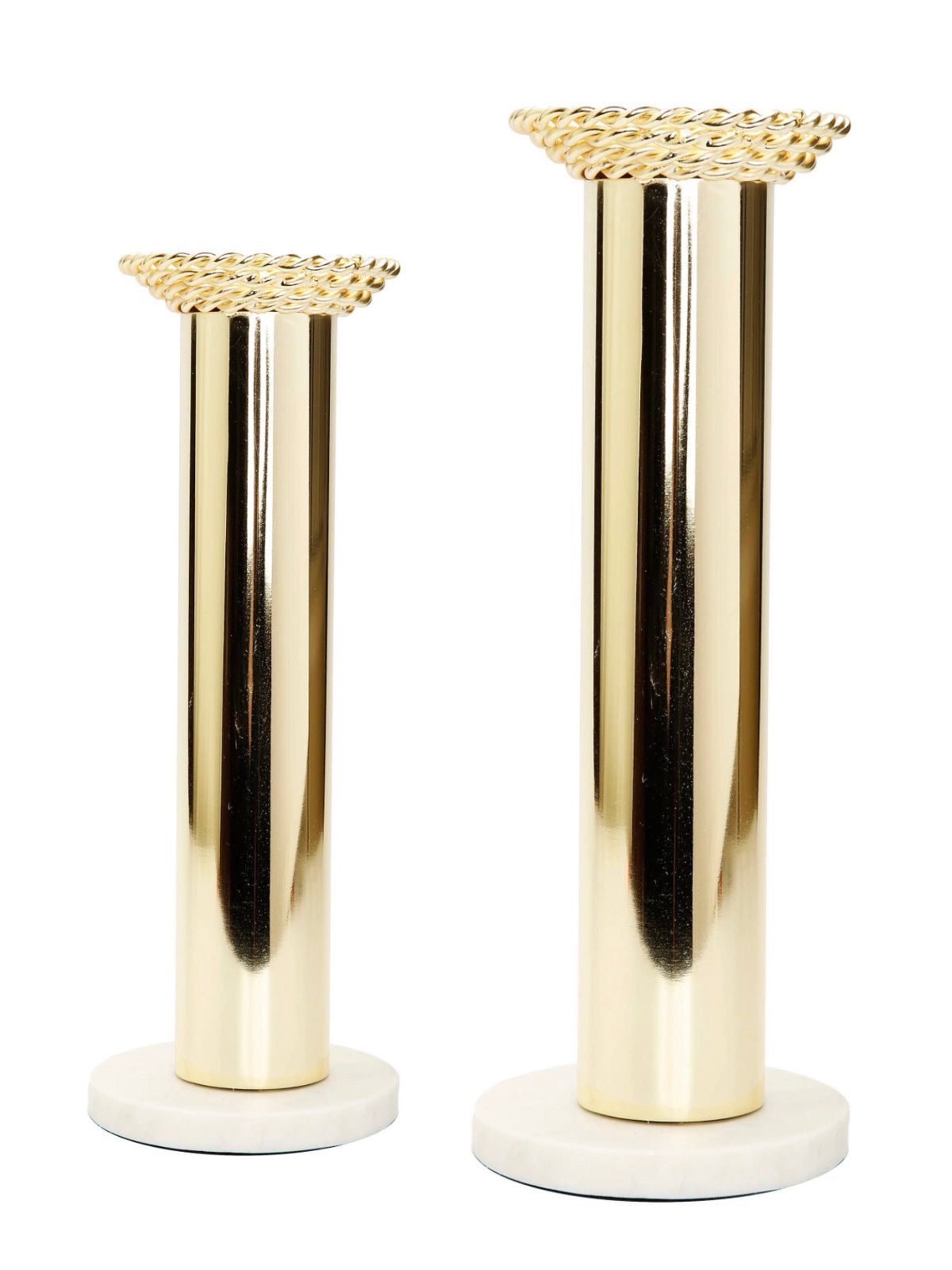 Gold Candle Holder With Rope Design on Marble Base. Available in 2 Sizes. Sold by KYA Home Decor.