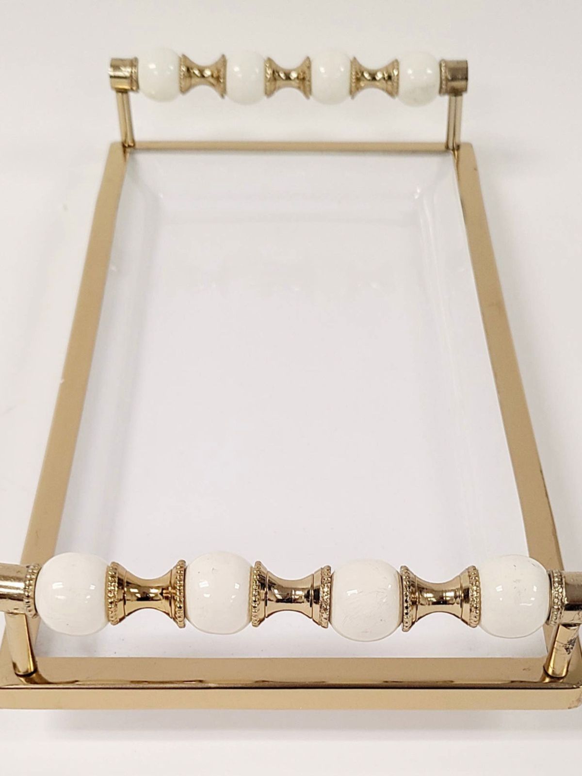 White and Gold Rectangular Ceramic Decorative Tray with Beaded Handles, 14L x 7W.