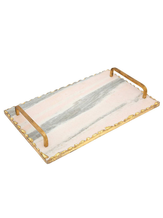 Luxurious Pink and Gray Rectangular Marble Decorative Tray with Stainless Steel Gold Handles, 15L x 9W.