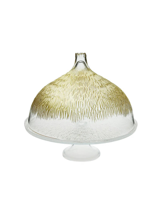 11D x 12H inches Glass Cake Stand with Gold Designed Dome.