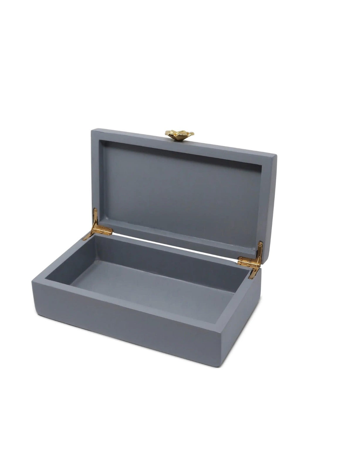 12 inch Grey Wood Decorative Box with Gold Flower Detail with Open Cover.