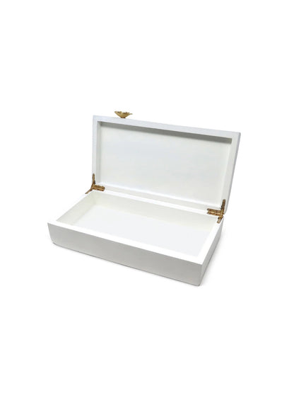 12 inch White Wood Decorative Box with Gold Flower Detail Open Cover.
