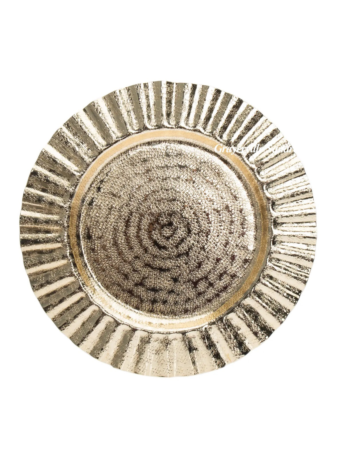 13D inches Stainless Steel Gold Ripple Charger Plate. Elevate dining with luxury, hand-washable elegance. Imported for unforgettable occasions.