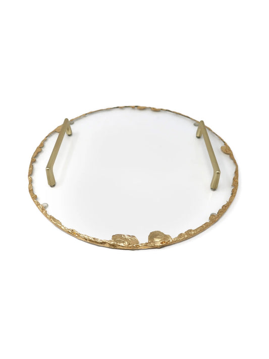 13 inch Round Glass Tray with Gold Rim and Handles Measures.