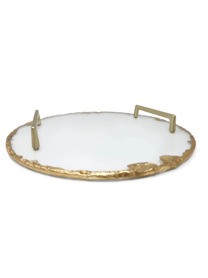 13 inch Round Glass Tray with Gold Rim and Handles Measures sold by KYA Home Decor.