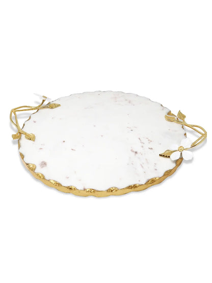 15D Round White Marble Tray with Gold Edges and White Flower Handles.