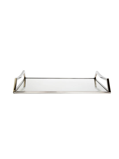 16L inches Oblong Mirror Serving Tray with Silver Handles, Side View.