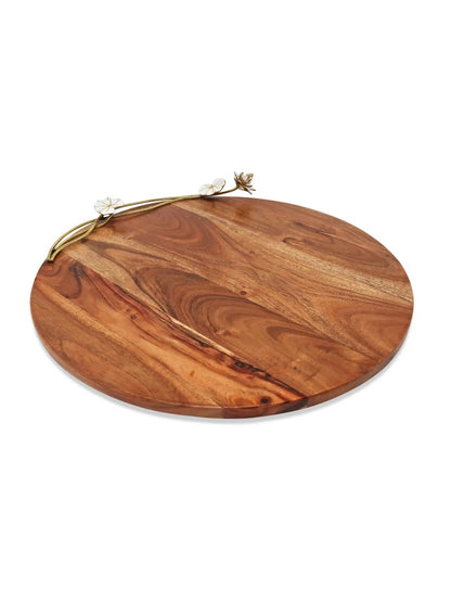 16 inch Round Wooden Charcuterie Board Featuring an Exquisite White and Gold Metal Lotus Design.