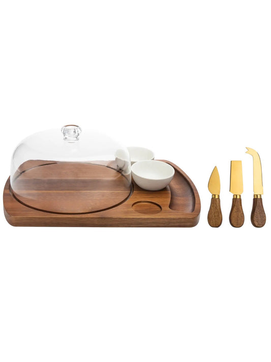 7-piece Cheese Board Set with Spreaders and Bowls, 17L X 12W X 6H inches. Crafted from Wood, Glass, and Porcelain. Hand Wash. Imported.