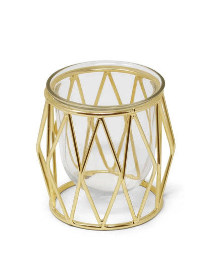 Brass Gold Diamond Shaped Hurricane Candle Holder - Luxury Home Decor.