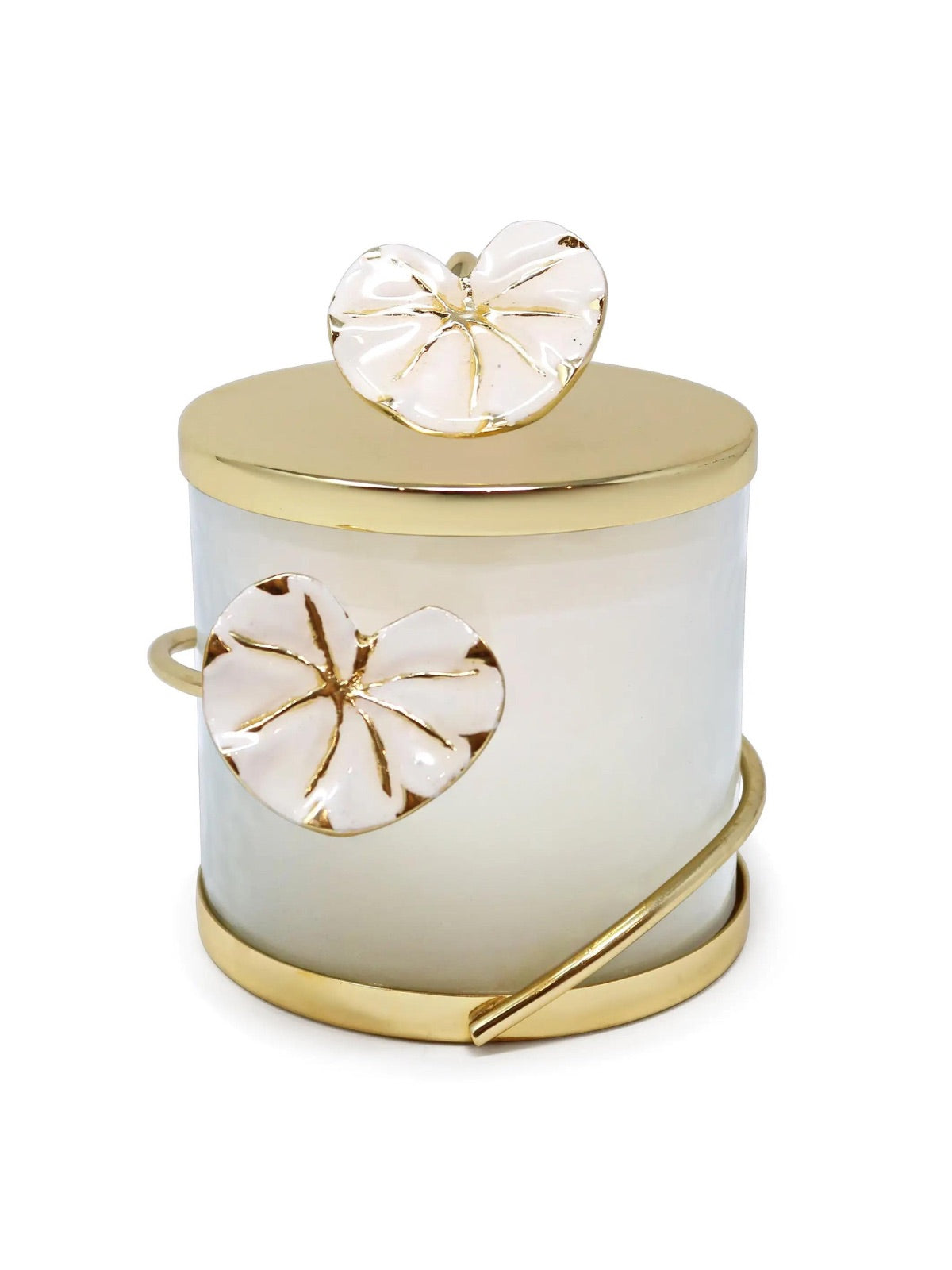 Candle Holder with White and Gold Lotus Design.