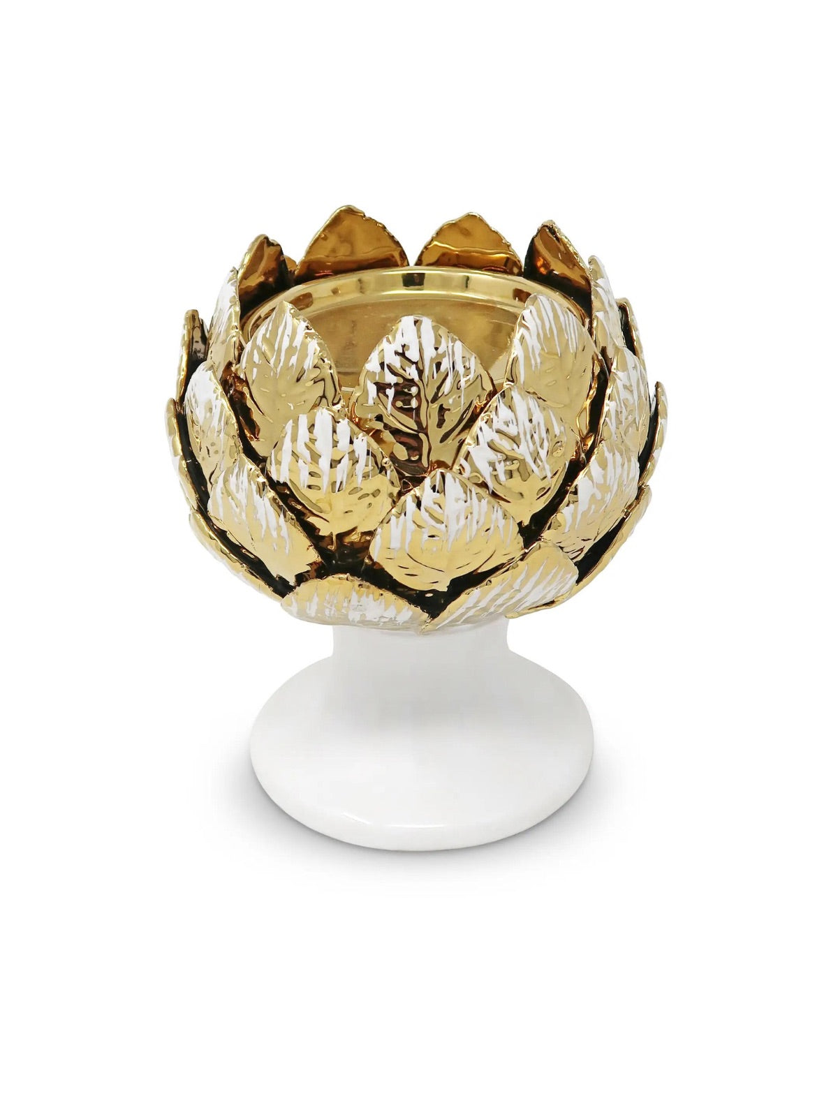 Tealight Holder with White and Gold Leaf Design